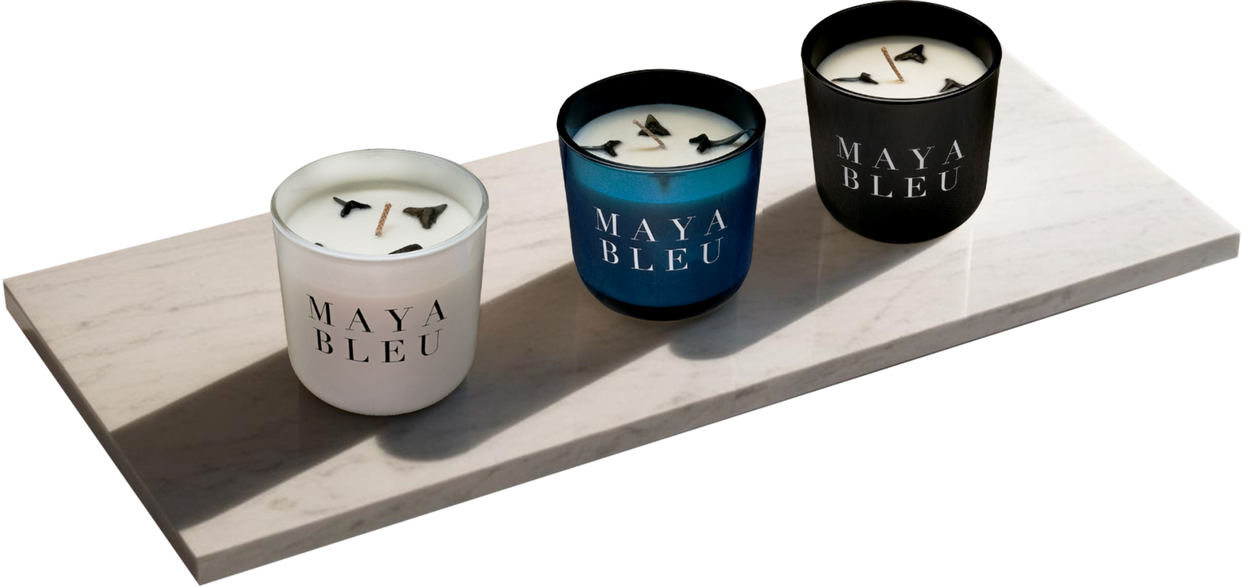 A white, black, and blue eco friendly soy Maya Bleu candles being displayed with shark teeth inside on them on a marble slate